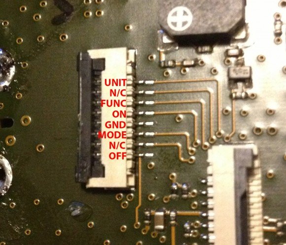 Pinout of ut390b keypad ribbon connector. From left to right: Unit, n/c, Func, On, GND, Mode, n/c, Off