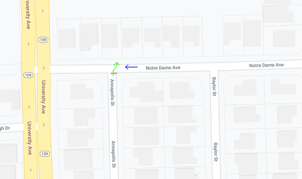 The red line is a stop sign, the green line is the car pulling into a driveway, the blue line is me
